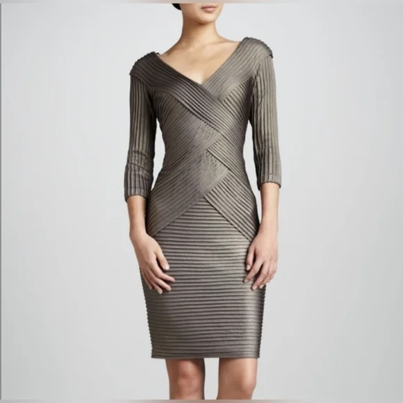 Tadashi Shoji Metallic Gray Ribbed V‑Neck Sheath Dress, Size XS, Fit Like S - Picture 3 of 10